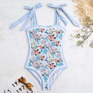 Serendipity Blue Floral Tie-Shoulder One-Piece Swimsuit Size Large